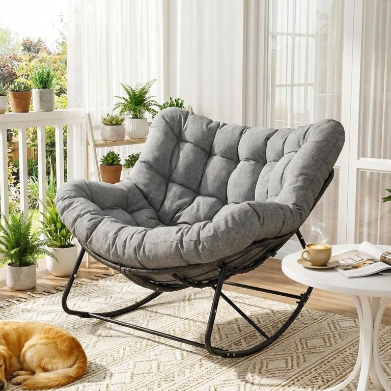 LIFERUN Fauteuil a Bascule XXL, Chaise a Bascule en Rotin, Charge 150 kg, Fauteuil Enorme Papasan, Rembourrage Epais Amovible, Resistant aux Intemperies, pour Jardin, Balcon, Salon, Gris
